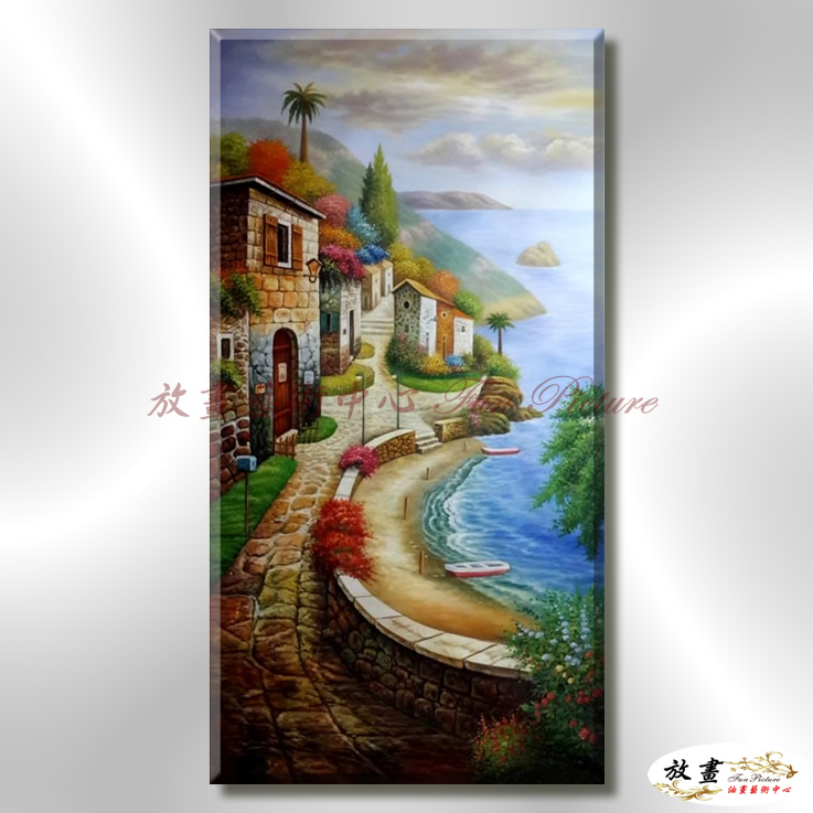 地中海風景De060 純手繪 油畫 直幅 藍褐 中性色系 浪漫 歐式 咖啡廳 民宿 餐廳 海岸線 藝術品