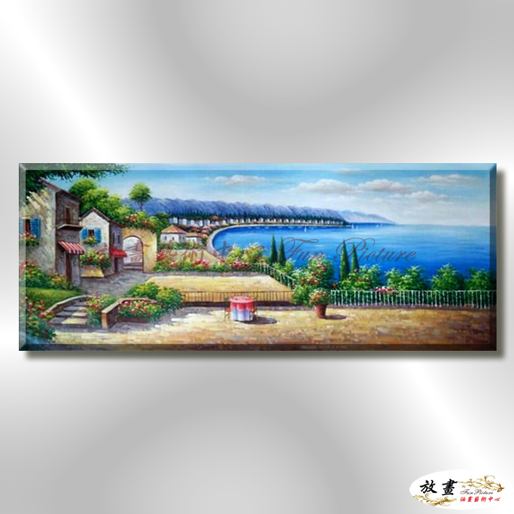 地中海風景De061 純手繪 油畫 橫幅 藍褐 中性色系 浪漫 歐式 咖啡廳 民宿 餐廳 海岸線 藝術品