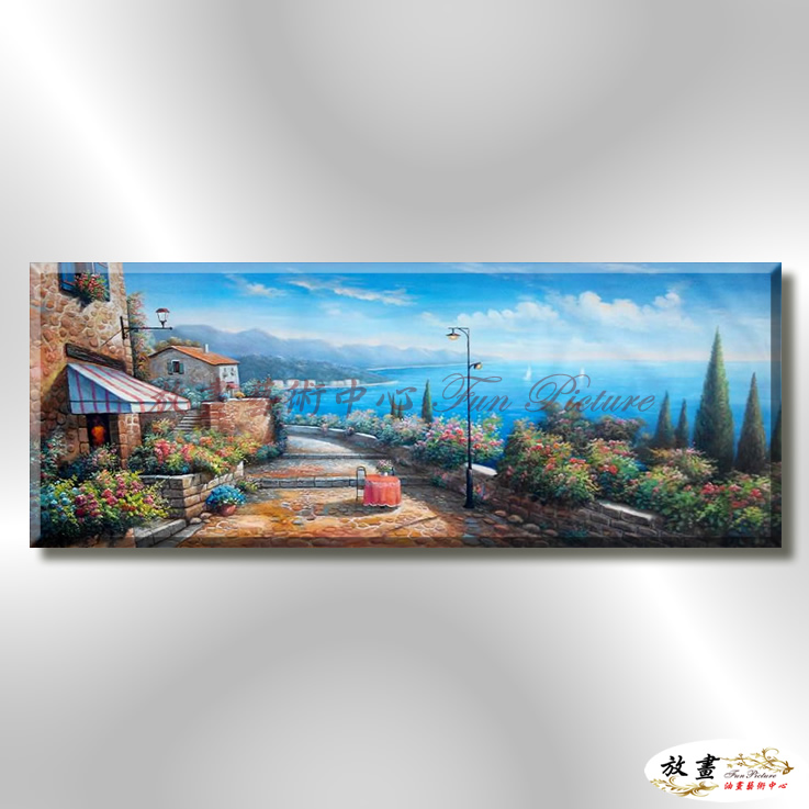 地中海風景De063 純手繪 油畫 橫幅 藍褐 中性色系 浪漫 歐式 咖啡廳 民宿 餐廳 海岸線 藝術品