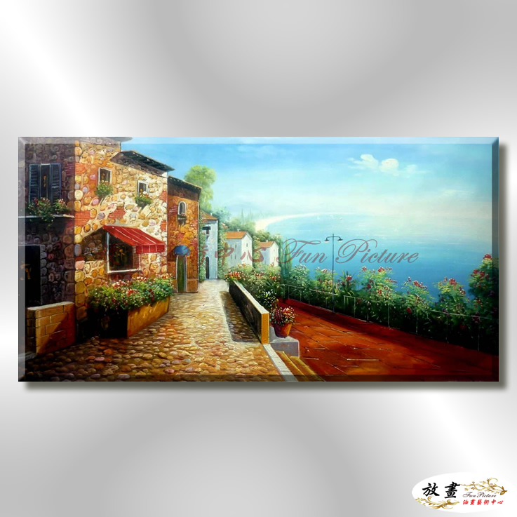 地中海風景De065 純手繪 油畫 橫幅 藍褐 中性色系 浪漫 歐式 咖啡廳 民宿 餐廳 海岸線 藝術品