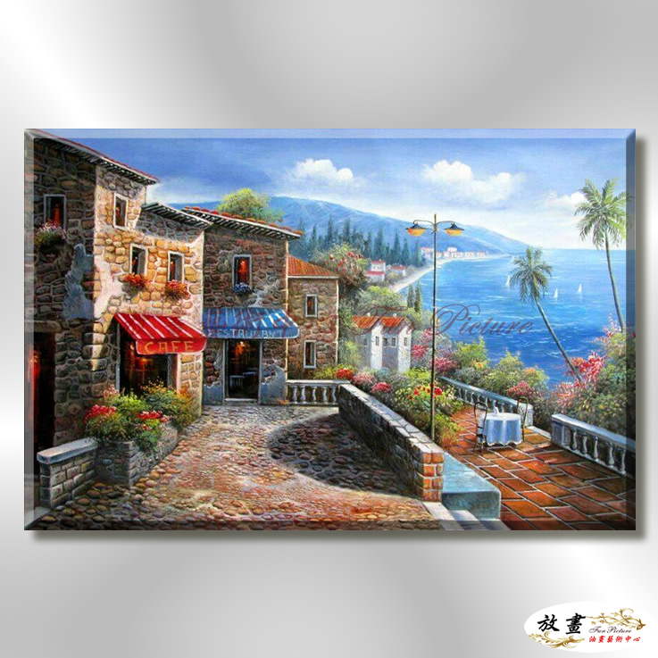 地中海風景De066 純手繪 油畫 橫幅 藍褐 中性色系 浪漫 歐式 咖啡廳 民宿 餐廳 海岸線 藝術品