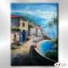 地中海風景De067 純手繪 油畫 直幅 藍褐 中性色系 浪漫 歐式 咖啡廳 民宿 餐廳 海岸線 藝術品