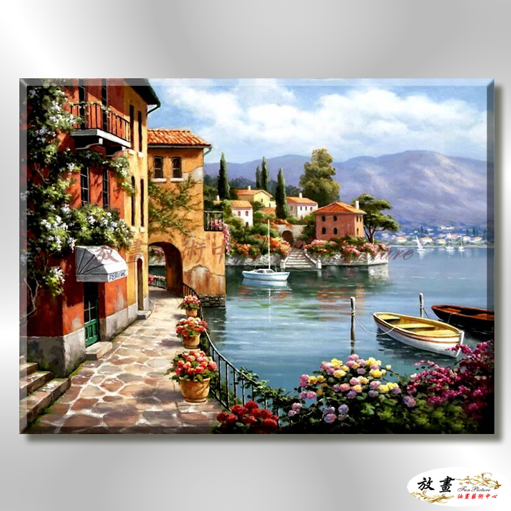 地中海風景De069 純手繪 油畫 橫幅 藍褐 中性色系 浪漫 歐式 咖啡廳 民宿 餐廳 海岸線 藝術品
