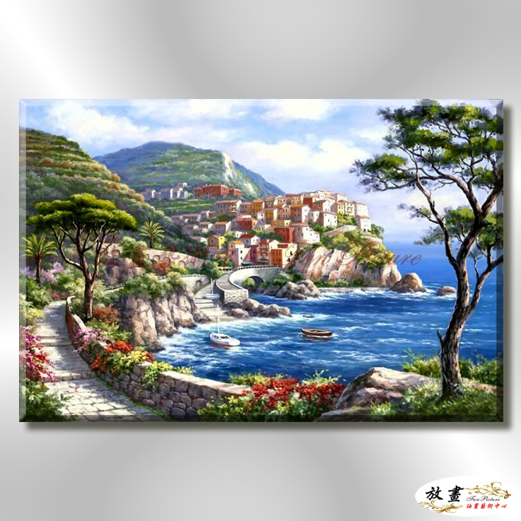 地中海風景De070 純手繪 油畫 橫幅 藍綠 冷色系 浪漫 歐式 咖啡廳 民宿 餐廳 海岸線 藝術品 