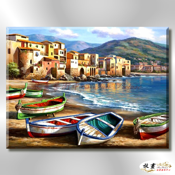 地中海風景De071 純手繪 油畫 橫幅 藍褐 中性色系 浪漫 歐式 咖啡廳 民宿 餐廳 海岸線 藝術品