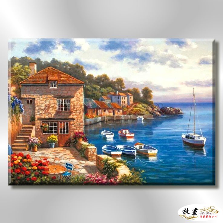 地中海風景De072 純手繪 油畫 橫幅 藍褐 中性色系 浪漫 歐式 咖啡廳 民宿 餐廳 海岸線 藝術品