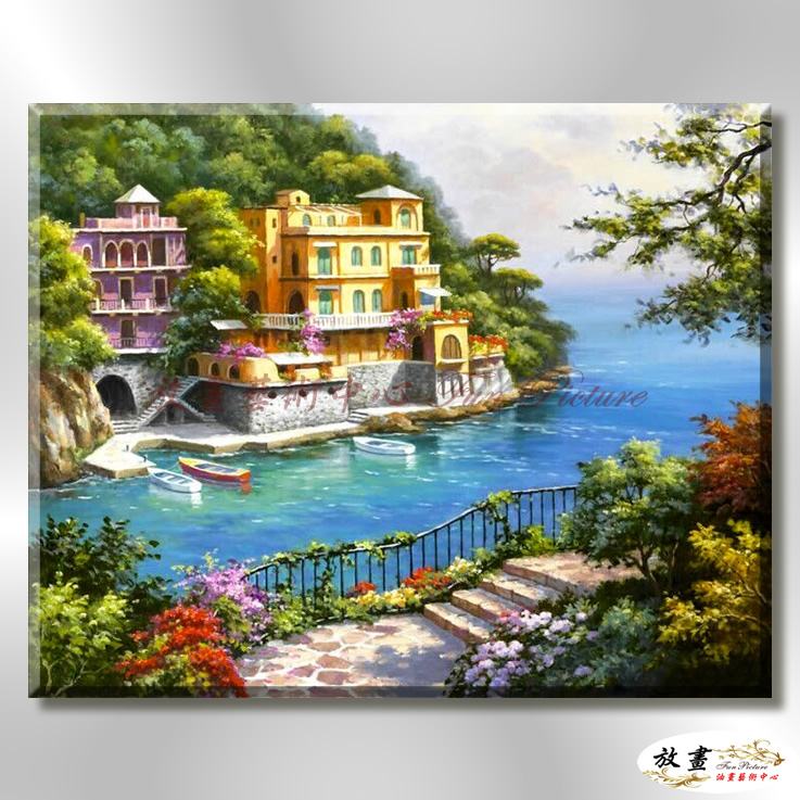 地中海風景De073 純手繪 油畫 橫幅 藍綠 冷色系 浪漫 歐式 咖啡廳 民宿 餐廳 海岸線 藝術品