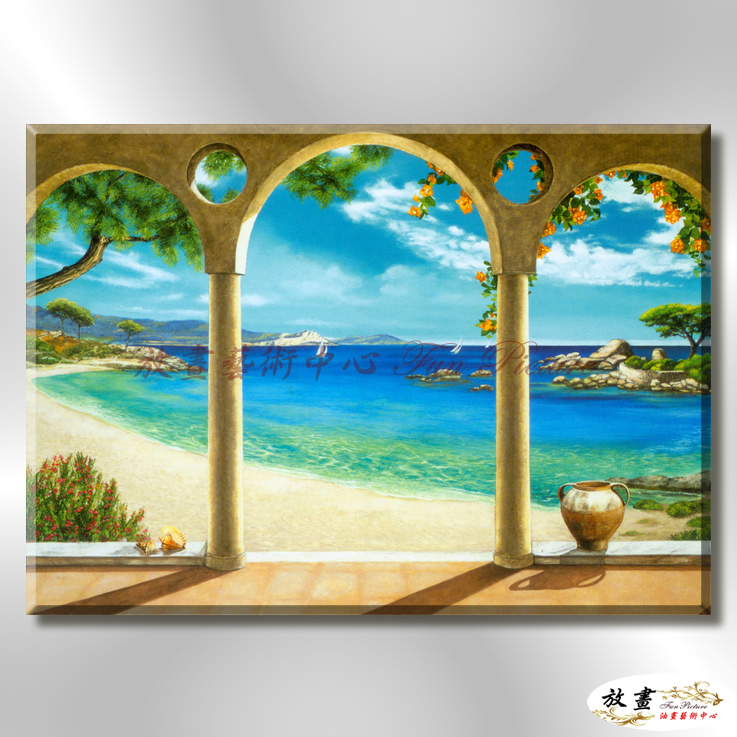 地中海風景De076 純手繪 油畫 橫幅 藍綠 冷色系 浪漫 歐式 咖啡廳 民宿 餐廳 海岸線 藝術品