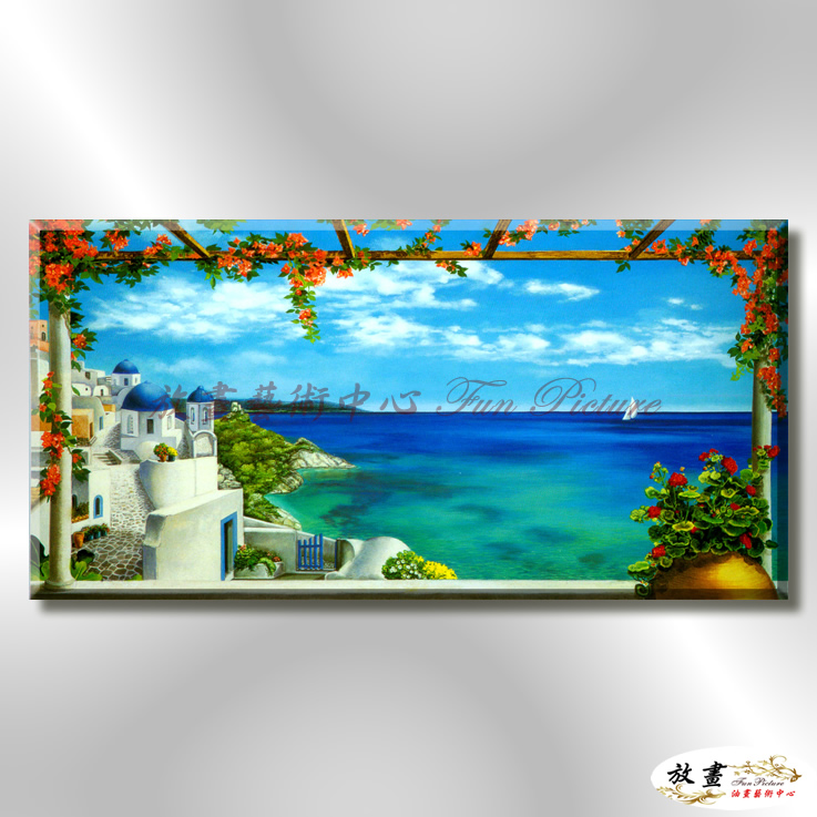 地中海風景De077 純手繪 油畫 橫幅 藍綠 冷色系 浪漫 歐式 咖啡廳 民宿 餐廳 海岸線 藝術品