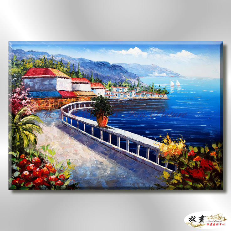 地中海風景De078 純手繪 油畫 橫幅 藍綠 冷色系 浪漫 歐式 咖啡廳 民宿 餐廳 海岸線 藝術品