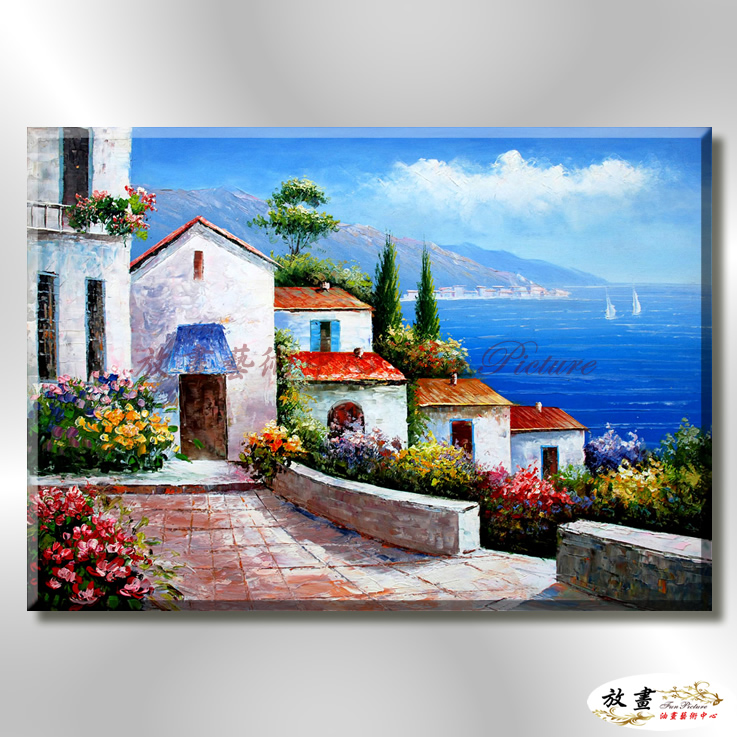 地中海風景De079 純手繪 油畫 橫幅 藍色 冷色系 浪漫 歐式 咖啡廳 民宿 餐廳 海岸線 藝術品