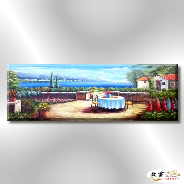 地中海風景De082 純手繪 油畫 橫幅 藍褐 中性色系 浪漫 歐式 咖啡廳 民宿 餐廳 海岸線 藝術品