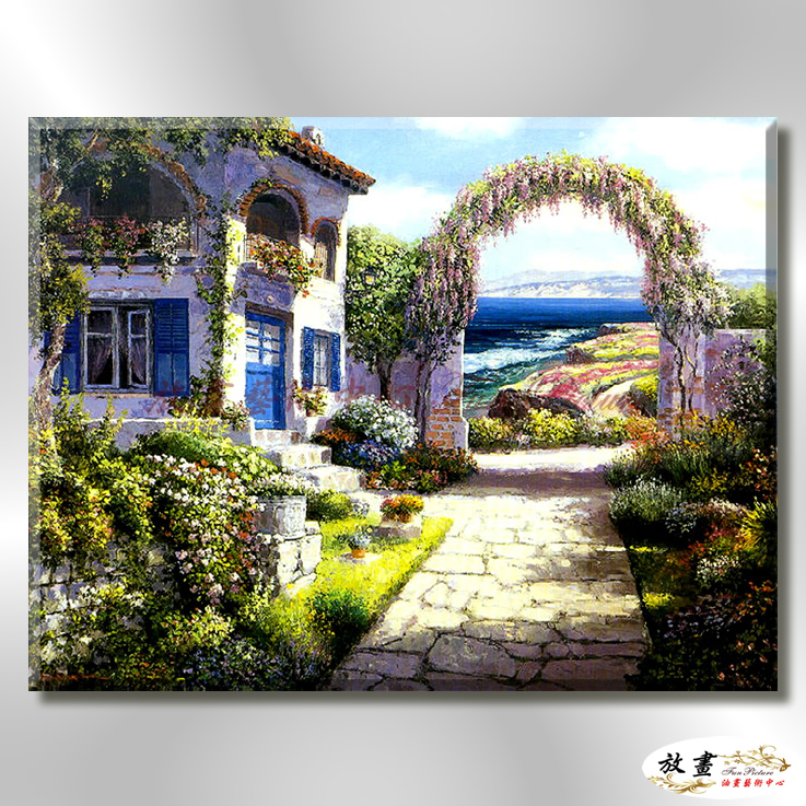 地中海風景De083 純手繪 油畫 橫幅 藍綠 冷色系 浪漫 歐式 咖啡廳 民宿 餐廳 海岸線 藝術品