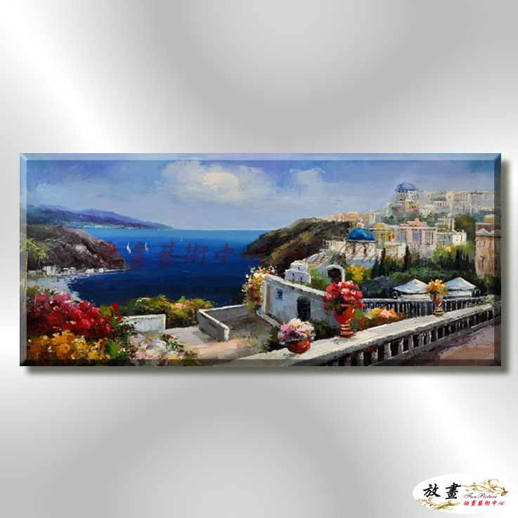 地中海風景De085 純手繪 油畫 橫幅 藍褐 中性色系 浪漫 歐式 咖啡廳 民宿 餐廳 海岸線 藝術品