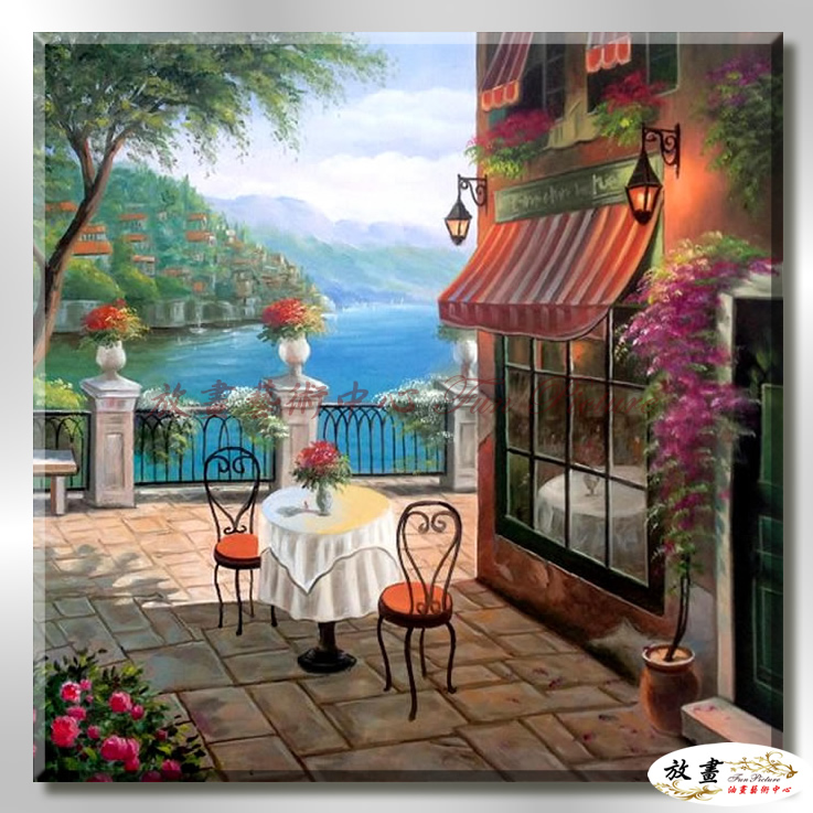 地中海風景De086 純手繪 油畫 方形 藍褐 中性色系 浪漫 歐式 咖啡廳 民宿 餐廳 海岸線 藝術品
