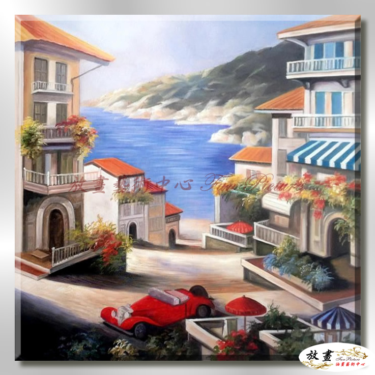 地中海風景De087 純手繪 油畫 方形 藍灰 中性色系 浪漫 歐式 咖啡廳 民宿 餐廳 海岸線 藝術品