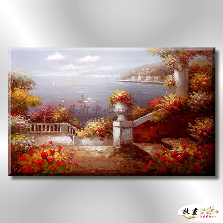 地中海風景De089 純手繪 油畫 橫幅 紅橙 暖色系 浪漫 歐式 咖啡廳 民宿 餐廳 海岸線 藝術品