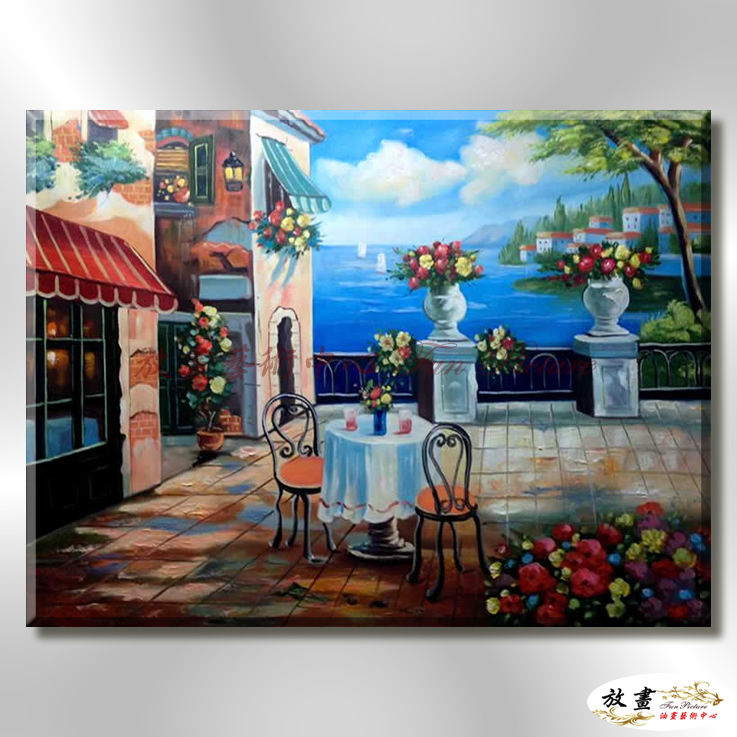 地中海風景De091 純手繪 油畫 橫幅 藍褐 中性色系 浪漫 歐式 咖啡廳 民宿 餐廳 海岸線 藝術品