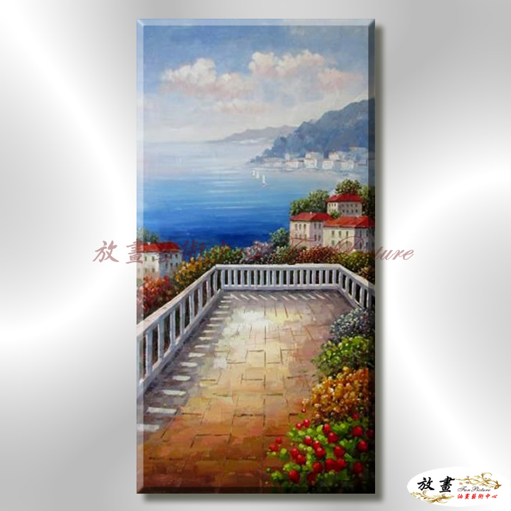地中海風景De092 純手繪 油畫 直幅 藍褐 中性色系 浪漫 歐式 咖啡廳 民宿 餐廳 海岸線 藝術品