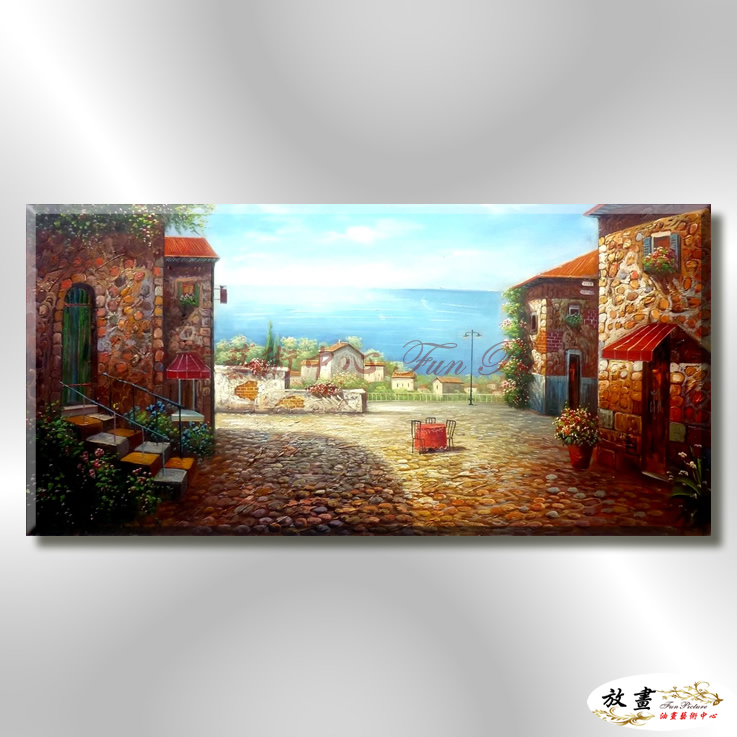 地中海風景De094 純手繪 油畫 橫幅 藍褐 中性色系 浪漫 歐式 咖啡廳 民宿 餐廳 海岸線 藝術品