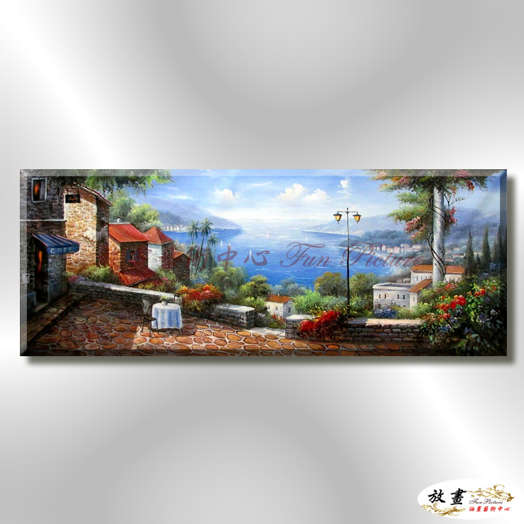 地中海風景De096 純手繪 油畫 橫幅 藍褐 中性色系 浪漫 歐式 咖啡廳 民宿 餐廳 海岸線 藝術品