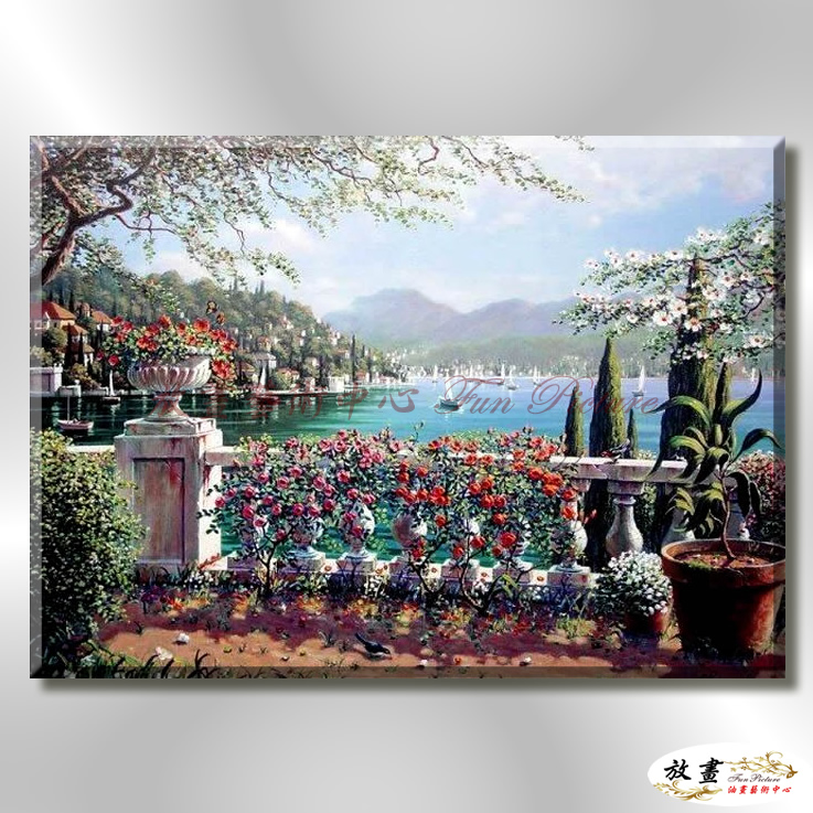 地中海風景De098 純手繪 油畫 橫幅 藍綠 冷色系 浪漫 歐式 咖啡廳 民宿 餐廳 海岸線 藝術品