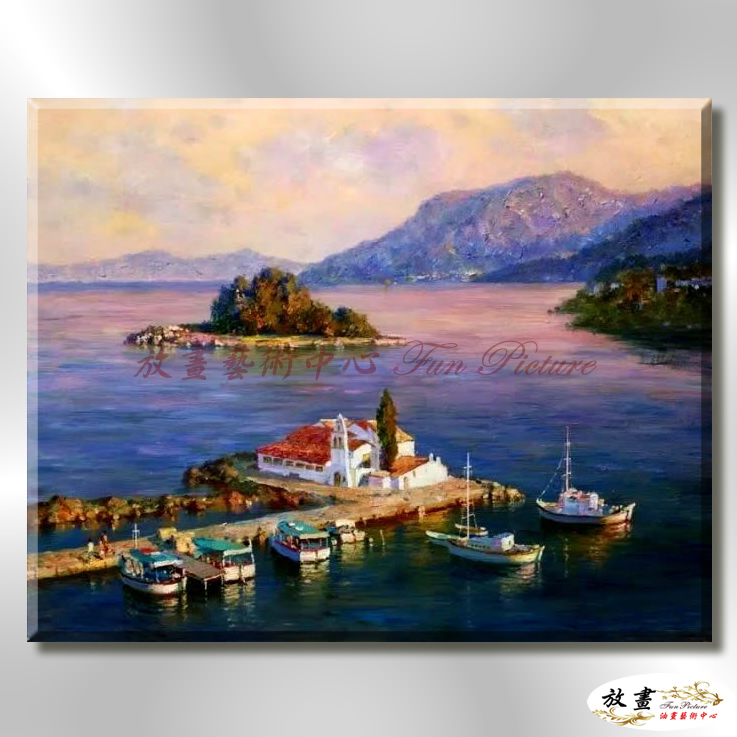 地中海風景De099 純手繪 油畫 橫幅 藍紫 冷色系 浪漫 歐式 咖啡廳 民宿 餐廳 海岸線 藝術品