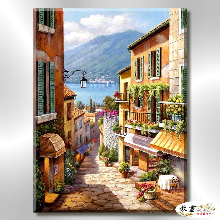 地中海風景De101 純手繪 油畫 直幅 藍褐 中性色系 浪漫 歐式 咖啡廳 民宿 餐廳 海岸線 實拍影片