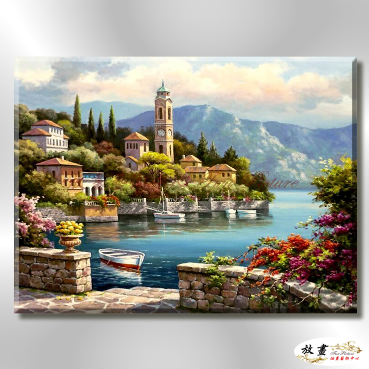 地中海風景De102 純手繪 油畫 橫幅 藍綠 冷色系 浪漫 歐式 咖啡廳 民宿 餐廳 海岸線 藝術品