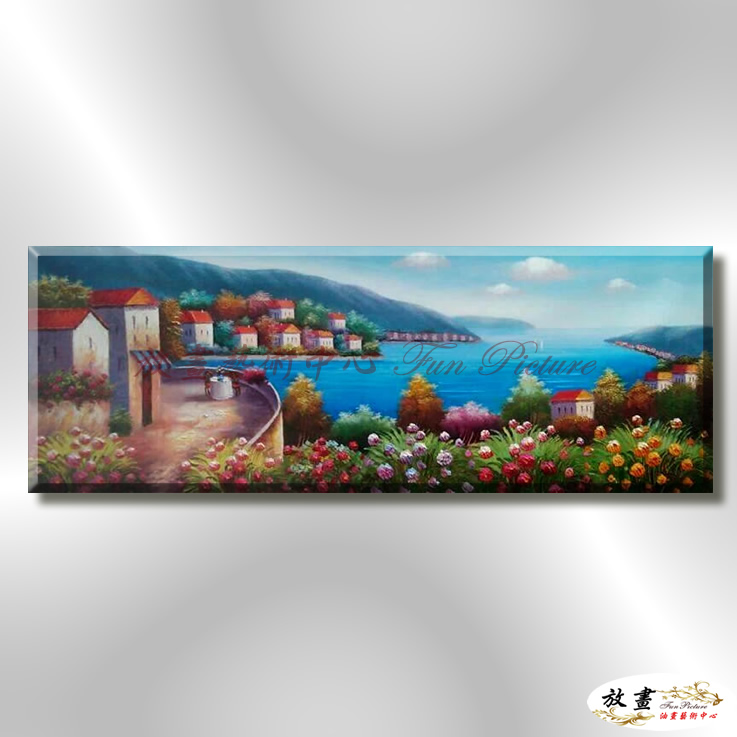 地中海風景De104 純手繪 油畫 橫幅 藍綠 冷色系 浪漫 歐式 咖啡廳 民宿 餐廳 海岸線 藝術品