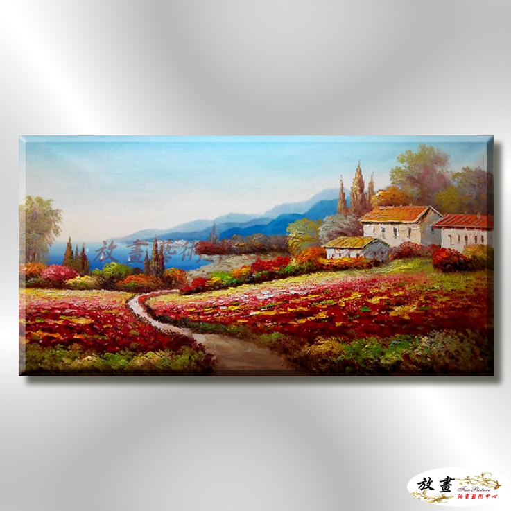 地中海風景De105 純手繪 油畫 橫幅 紅橙 暖色系 浪漫 歐式 咖啡廳 民宿 餐廳 海岸線 藝術品