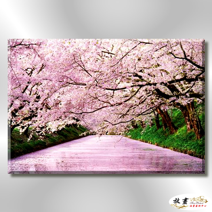 日本風景JP001 純手繪 油畫 橫幅 粉紅 暖色系 櫻花林 日本 寫實 山水 花雨 民宿 裝潢 藝術品