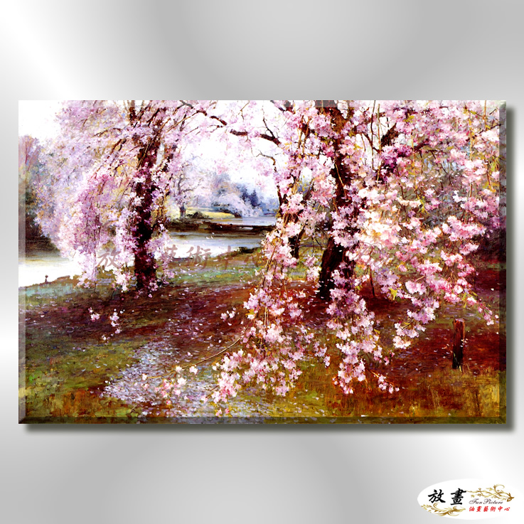 日本風景JP004 純手繪 油畫 橫幅 粉紅 暖色系 櫻花林 日本 寫實 山水 花雨 民宿 裝潢 藝術品