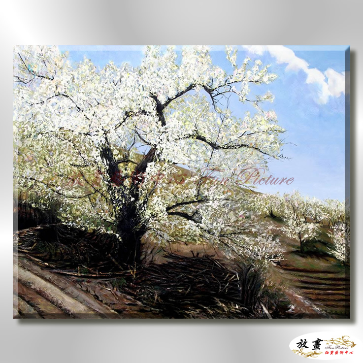 日本風景JP006 純手繪 油畫 橫幅 灰褐 中性色系 櫻花林 日本 寫實 山水 花雨 民宿 裝潢 藝術品