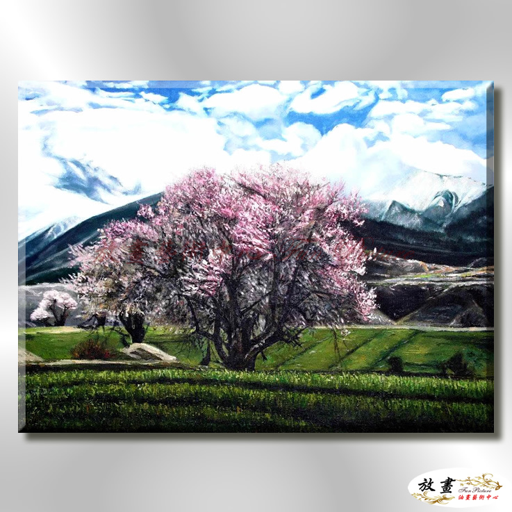 日本風景JP007 純手繪 油畫 橫幅 綠紫 冷色系 櫻花林 日本 寫實 山水 花雨 民宿 裝潢 藝術品