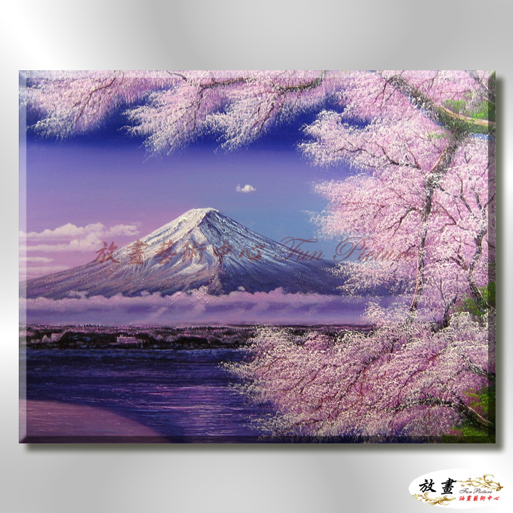 日本風景JP008 純手繪 油畫 橫幅 藍紫 冷色系 櫻花林 日本 寫實 山水 花雨 民宿 裝潢 藝術品