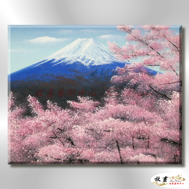 日本風景JP009 純手繪 油畫 橫幅 藍紫 冷色系 櫻花林 日本 寫實 山水 花雨 民宿 裝潢 藝術品