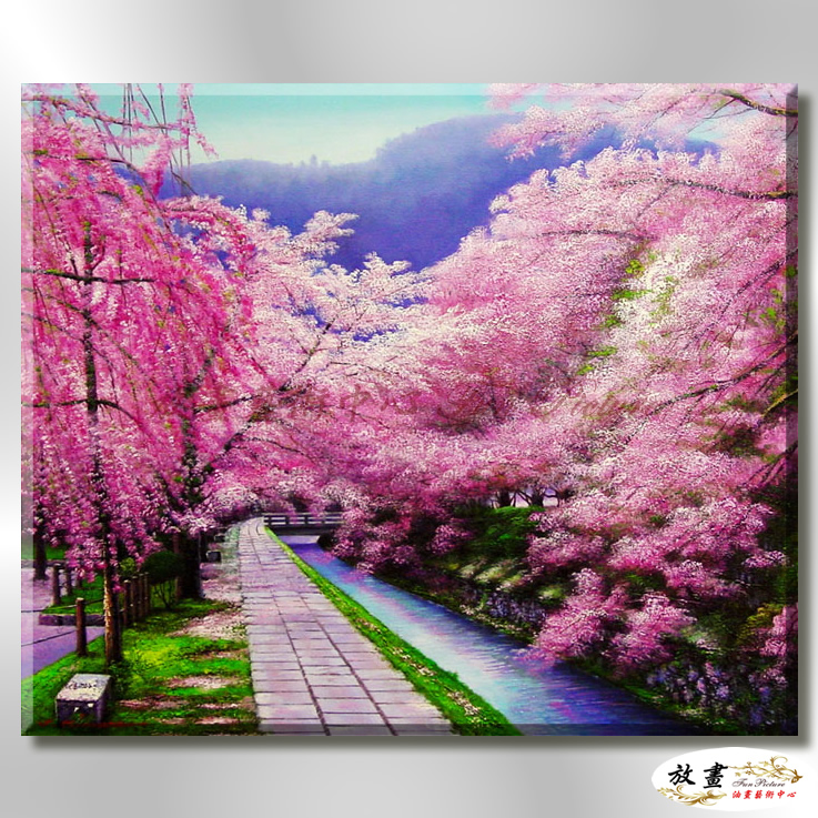 日本風景JP011 純手繪 油畫 橫幅 粉紅 暖色系 櫻花林 日本 寫實 山水 花雨 民宿 裝潢 實拍影片