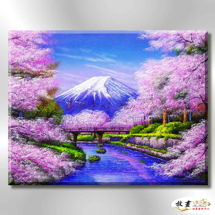 日本風景JP012 純手繪 油畫 橫幅 藍紫 冷色系 櫻花林 日本 寫實 山水 花雨 民宿 裝潢 藝術品