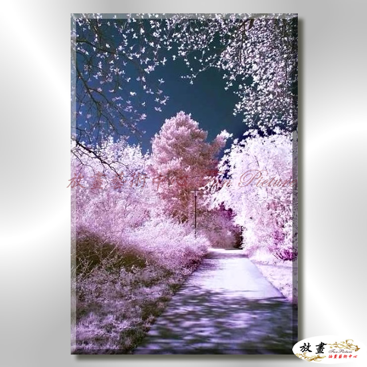 日本風景JP016 純手繪 油畫 直幅 藍紫 冷色系 櫻花林 日本 寫實 山水 花雨 民宿 裝潢 藝術品 