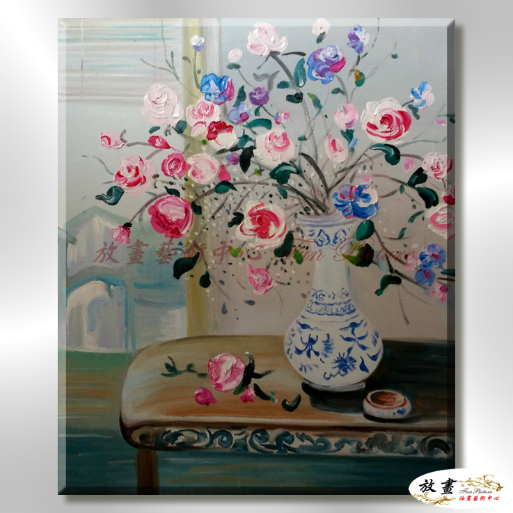 印象派花卉221 純手繪 油畫 直幅 灰藍 中性色系 印象 掛畫 無框畫 民宿 室內設計 居家佈置