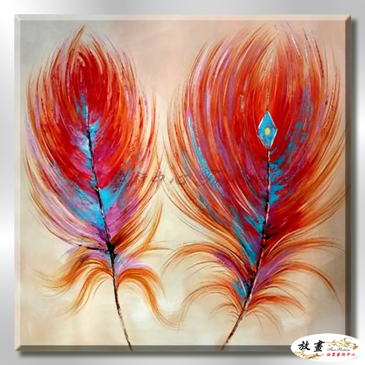 裝飾羽毛C58 純手繪 油畫 方形 紅橙 暖色系 掛畫 招財 風水 裝修 無框畫 玄關 室內設計