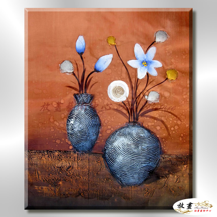裝飾花卉C154 純手繪 油畫 直幅 藍咖 中性色系 掛畫 招財 風水 裝修 無框畫 玄關 室內設計