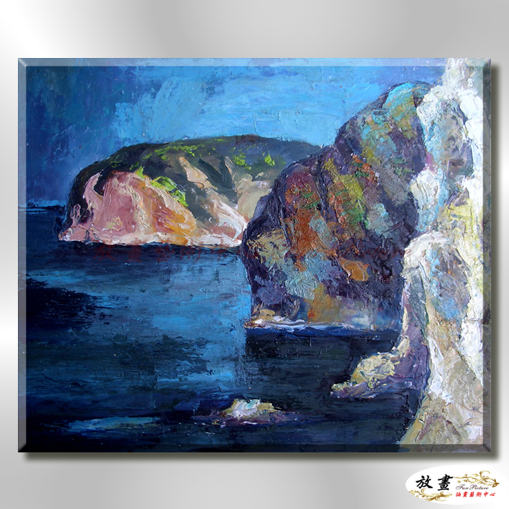海景O04 純手繪 油畫 橫幅 藍色 冷色系 大海 藍天 海灣 海浪 夕陽 裝潢 室內設計 客廳掛畫