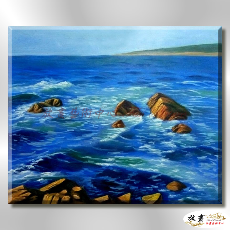 海景O08 純手繪 油畫 橫幅 藍色 冷色系 大海 藍天 海灣 海浪 夕陽 裝潢 室內設計 客廳掛畫