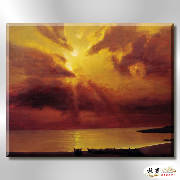 海景O13 純手繪 油畫 橫幅 橙褐 暖色系 大海 藍天 海灣 海浪 夕陽 裝潢 室內設計 客廳掛畫