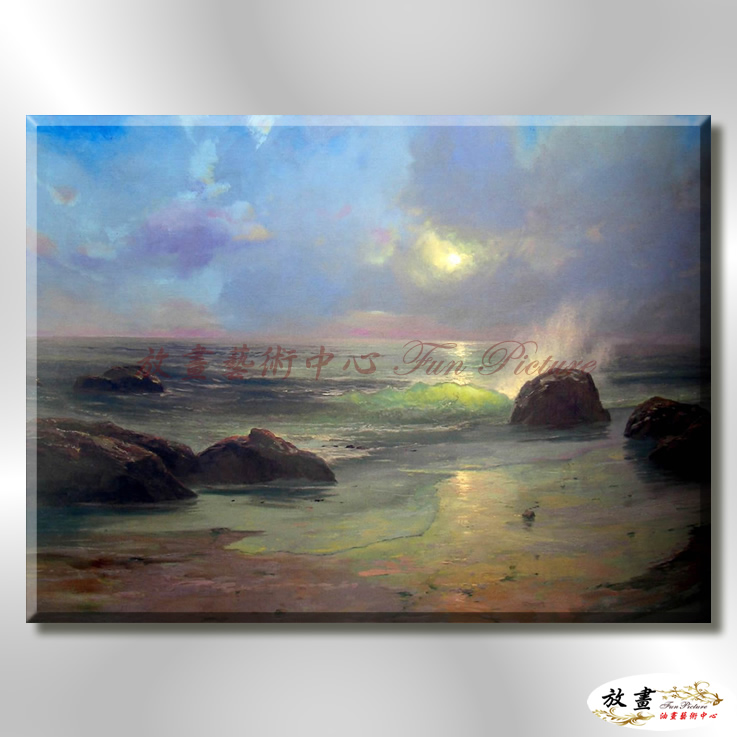 浪景W05 純手繪 油畫 橫幅 灰藍 中性色系 大海 藍天 海灣 海浪 夕陽 裝潢 室內設計 客廳掛畫