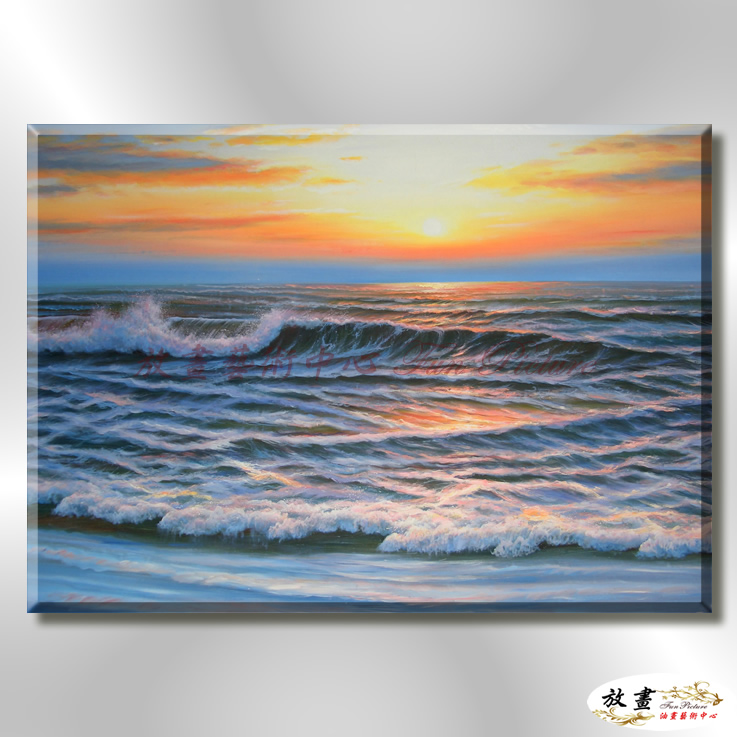 浪景W06 純手繪 油畫 橫幅 藍色 冷色系 大海 藍天 海灣 海浪 夕陽 裝潢 室內設計 客廳掛畫