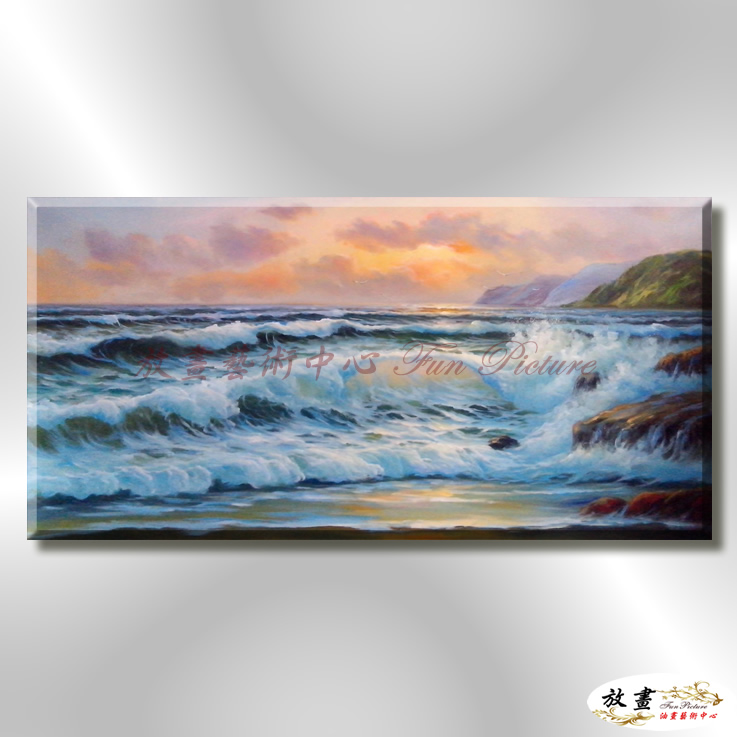 浪景W12 純手繪 油畫 橫幅 藍色 冷色系 大海 藍天 海灣 海浪 夕陽 裝潢 室內設計 客廳掛畫