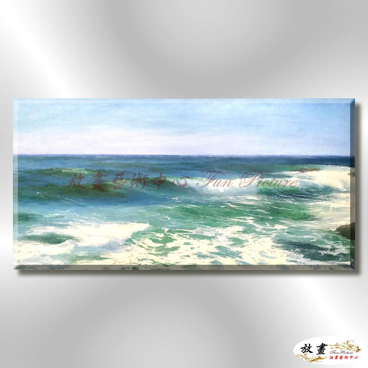 浪景W13 純手繪 油畫 橫幅 藍色 冷色系 大海 藍天 海灣 海浪 夕陽 裝潢 室內設計 客廳掛畫